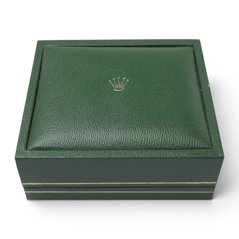 Vintage green Rolex presentation box with the crown logo, circa 1930s to 1950s