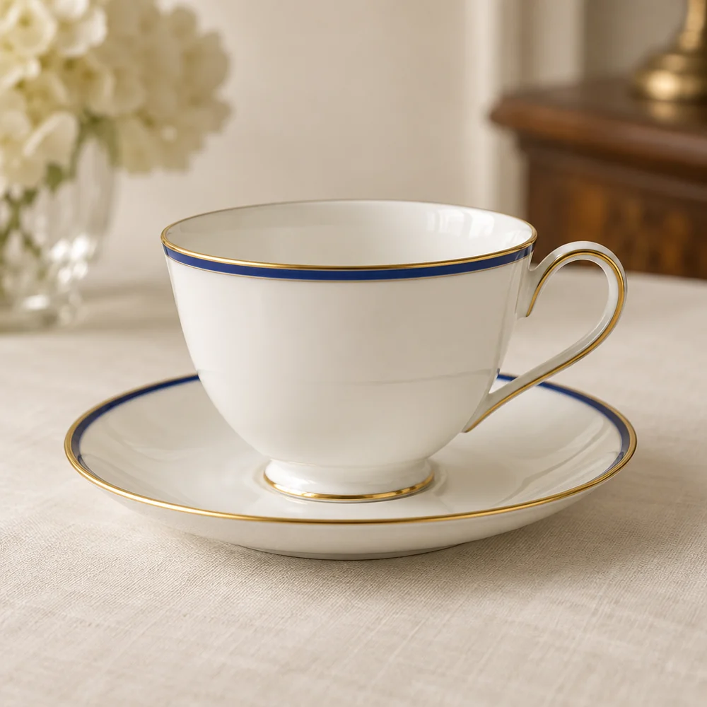 A white bone china teacup and saucer with a gold rim and a thin royal blue band on ivory linen