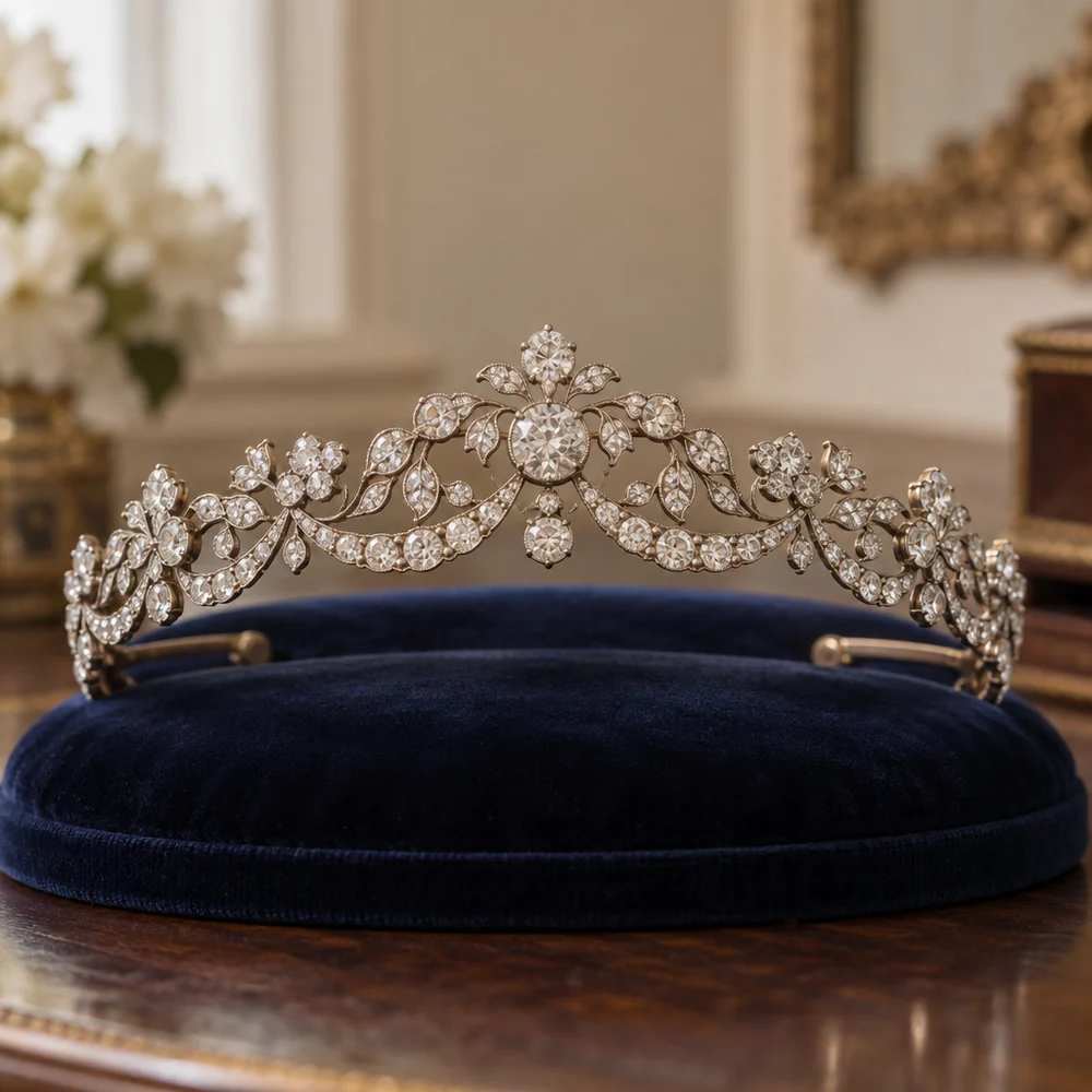 An Edwardian style diamond garland tiara set with old cut diamonds on a midnight blue velvet stand