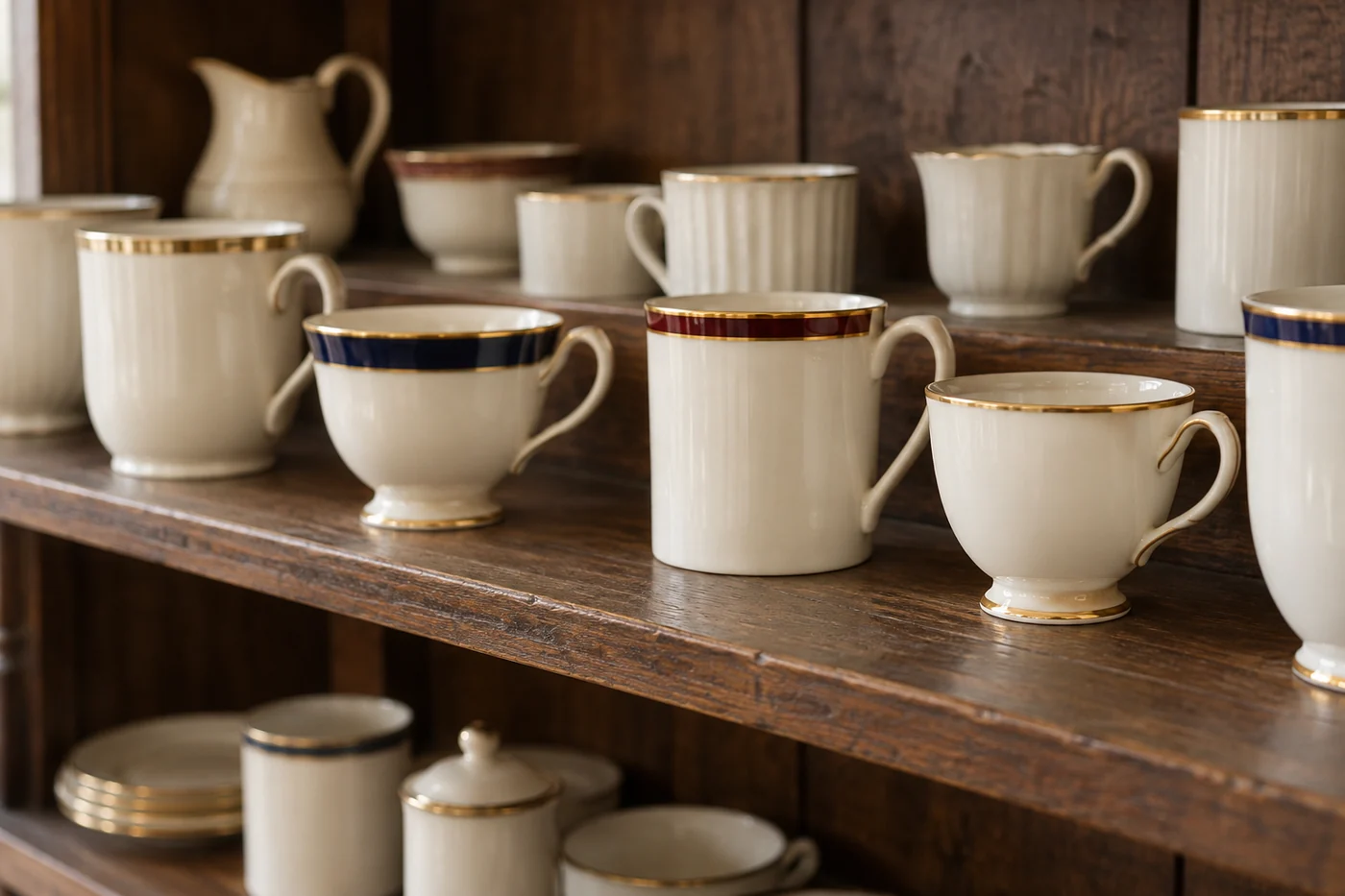 A dealer's oak shelf of plain cream bone china mugs and cups with gold rims and blue or red bands