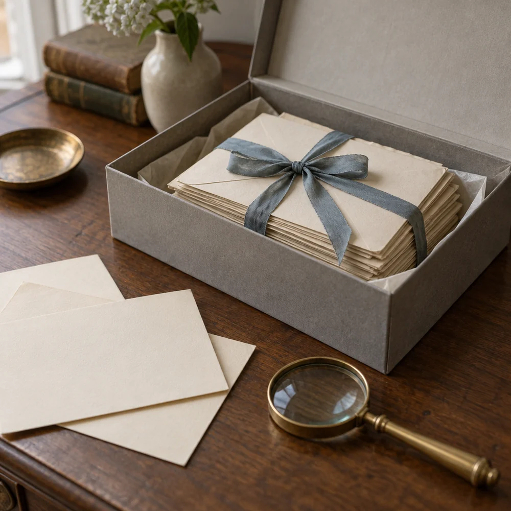 An archive box holding a bundle of old envelopes tied with blue ribbon, beside a brass magnifying glass