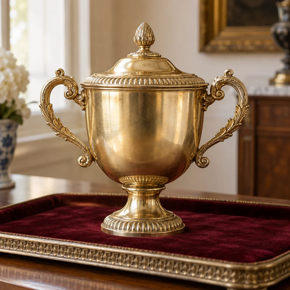 A silver-gilt two-handled covered cup with gadrooned borders on a crimson velvet tray