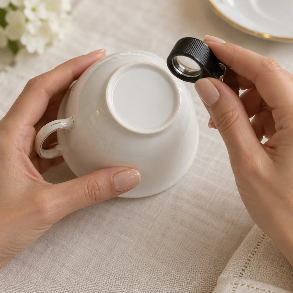 Manicured hands holding a jeweller's loupe over the base of an upturned white porcelain cup
