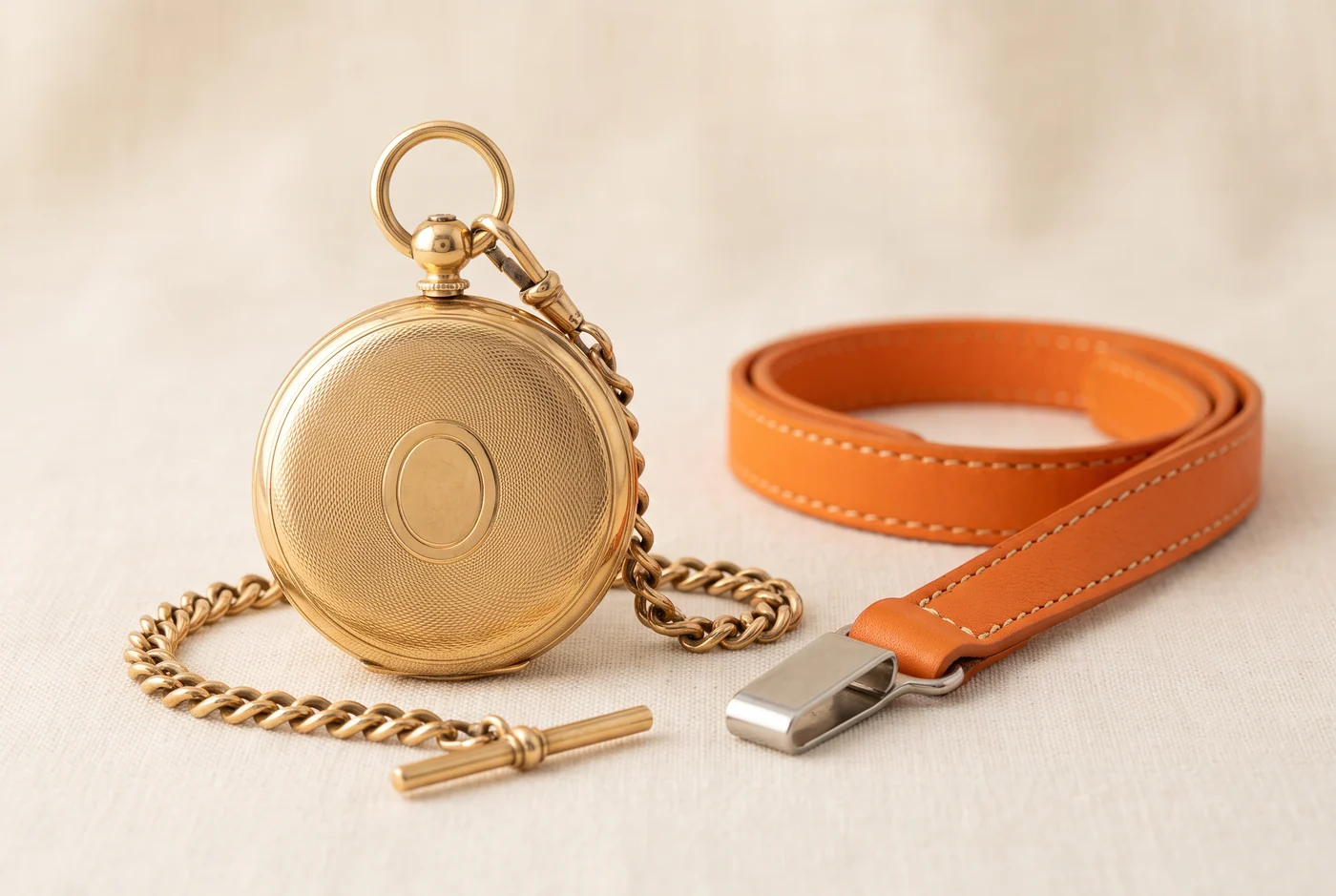 A closed antique gold hunter pocket watch on an Albert chain beside a plain orange leather neck lanyard