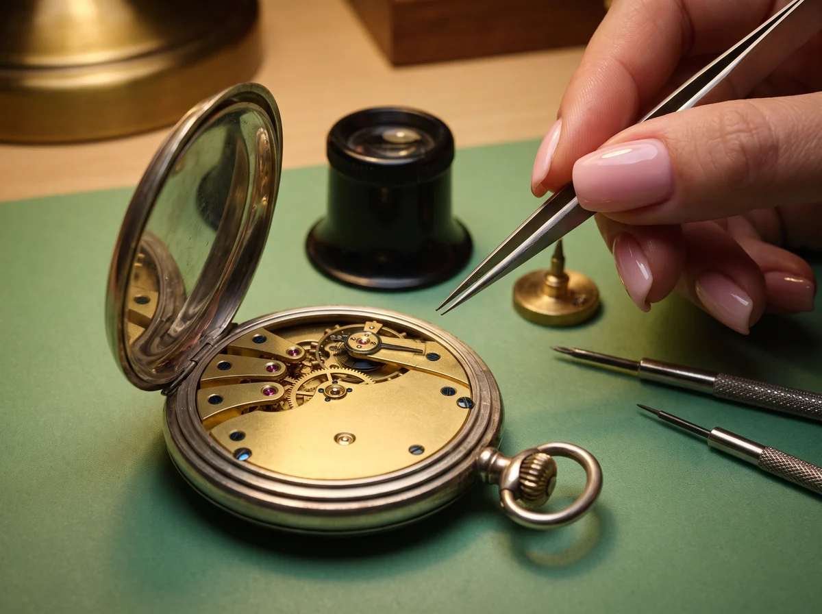 A watchmaker's bench: an antique silver pocket watch opened to show its gilt lever movement, with tweezers, loupe and oiler