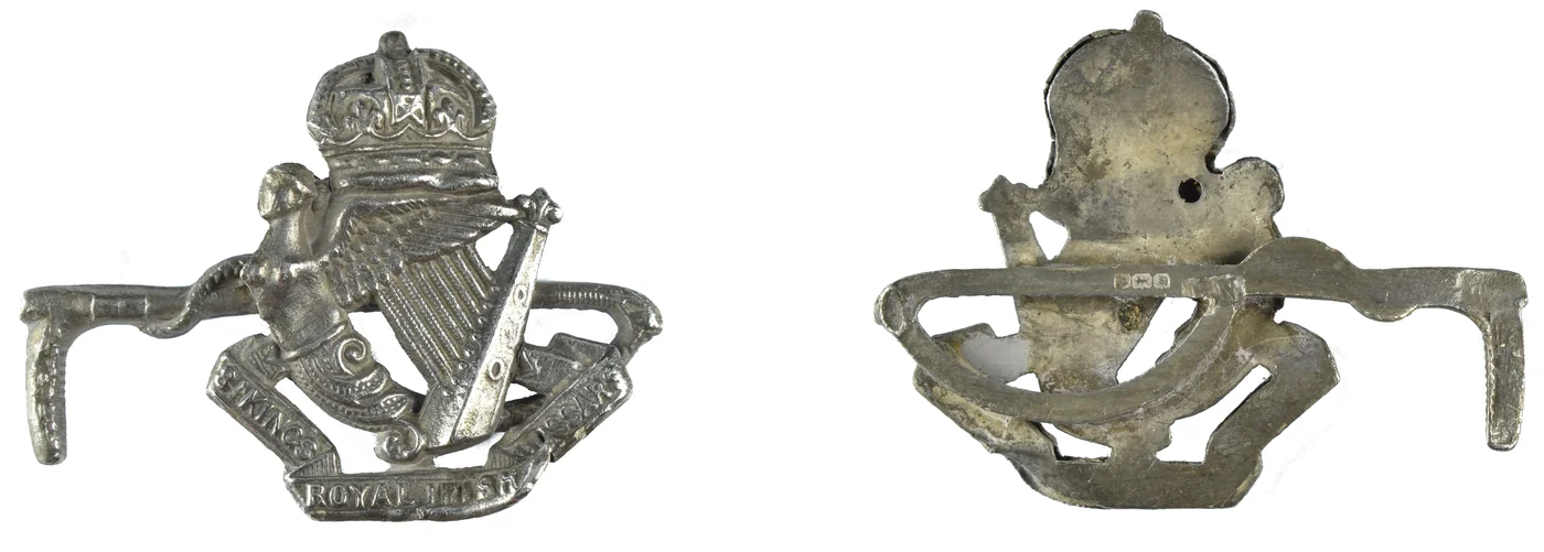 Front and back of a silver 8th King's Royal Irish Hussars sweetheart brooch with a riding-crop bar, hallmarked in Birmingham for 1942 to 1943