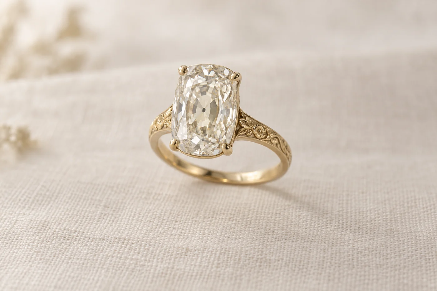 Illustration of an elongated old mine cut diamond in four yellow gold claws on a slender hand-engraved yellow gold band