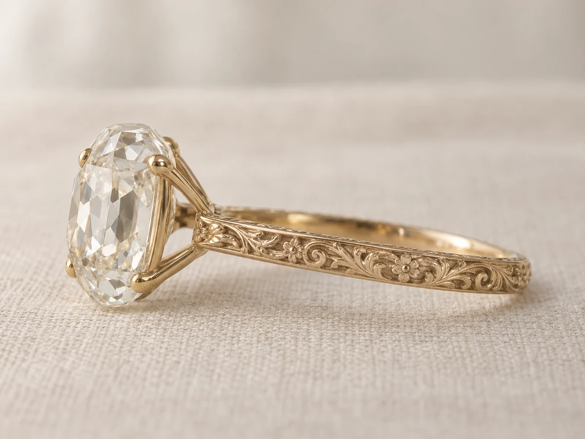 Illustration of an elongated old mine cut diamond ring in profile, with a high crown and a hand-engraved yellow gold band