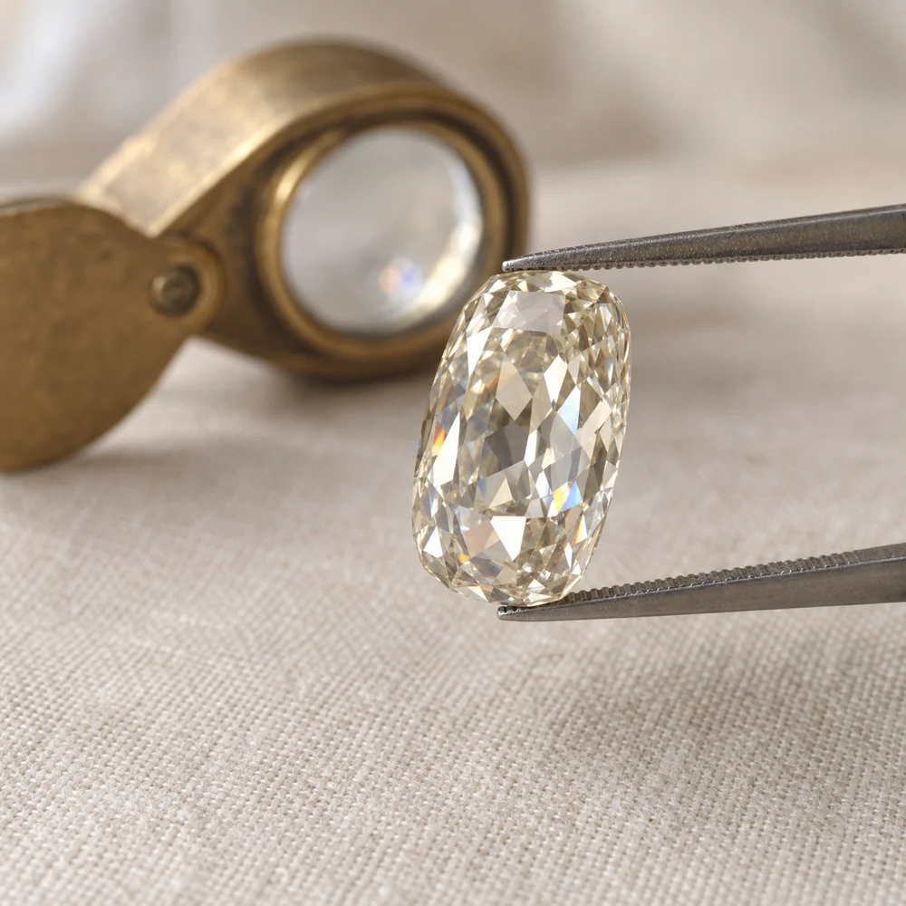 A loose elongated old mine cut diamond held in tweezers in front of a brass jeweller's loupe
