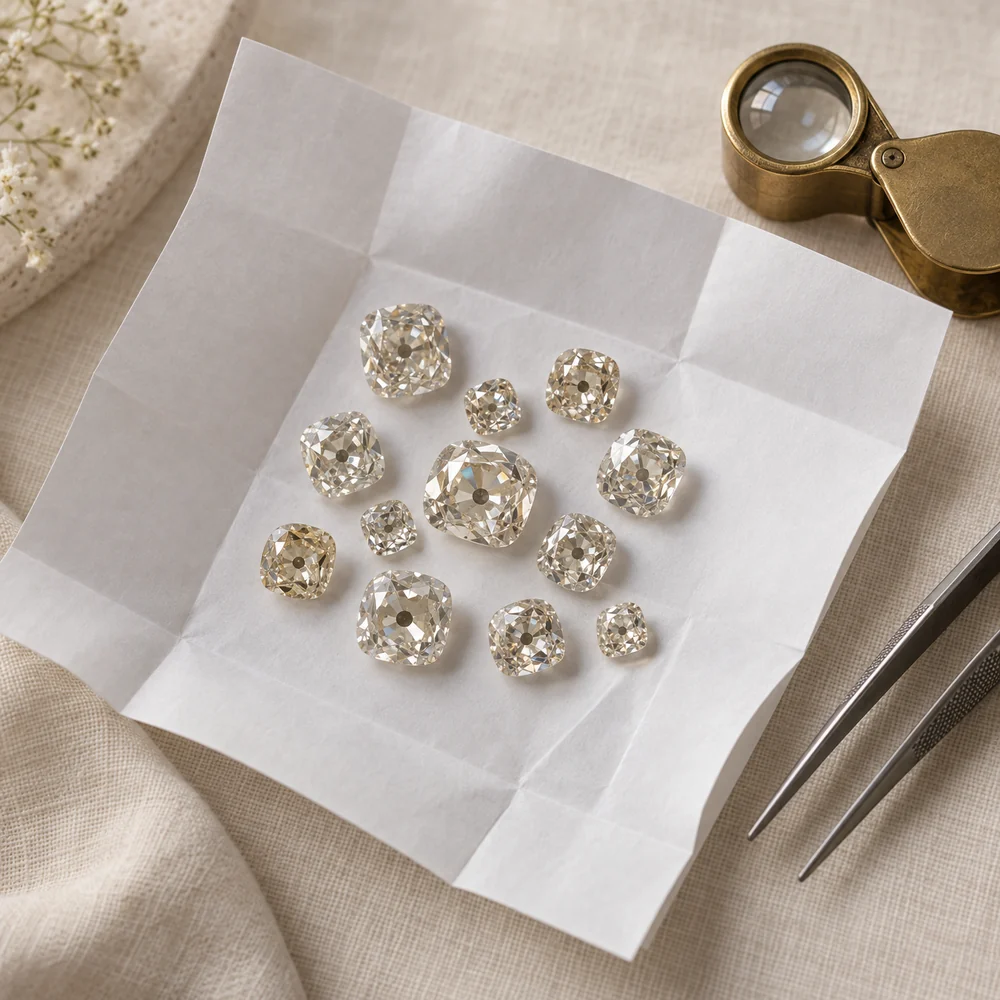 Loose old mine cut diamonds of different sizes on an open diamond parcel paper, with tweezers and a brass loupe
