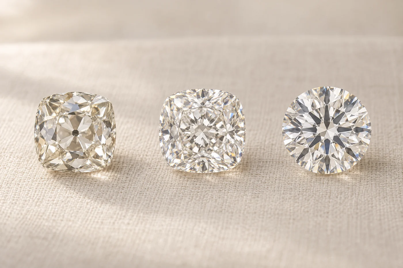 Three loose diamonds face up: an old mine cut, a modern cushion brilliant and a modern round brilliant