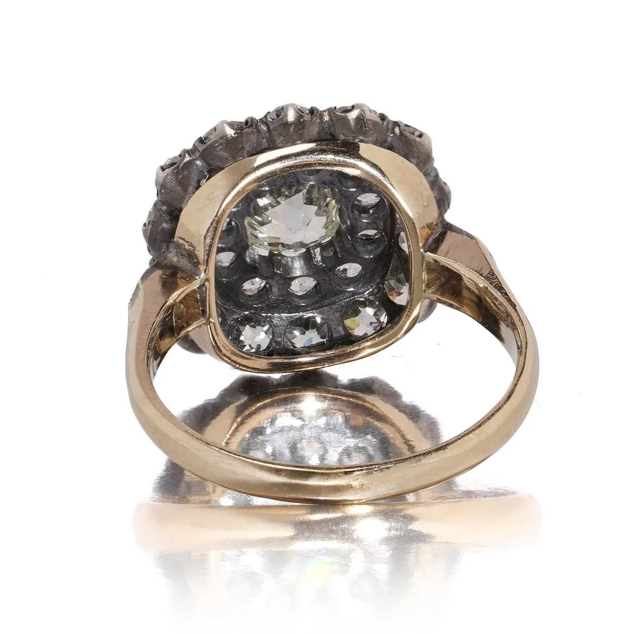 Back of the Victorian diamond cluster ring, showing silver on top of a gold shank