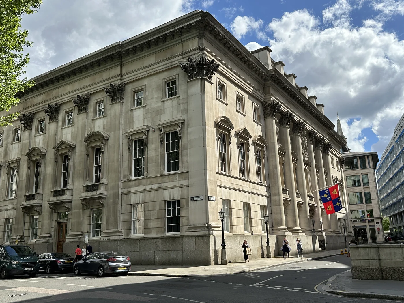 Goldsmiths' Hall on Foster Lane in the City of London, home of the Assay Office London, a stone building with tall columns