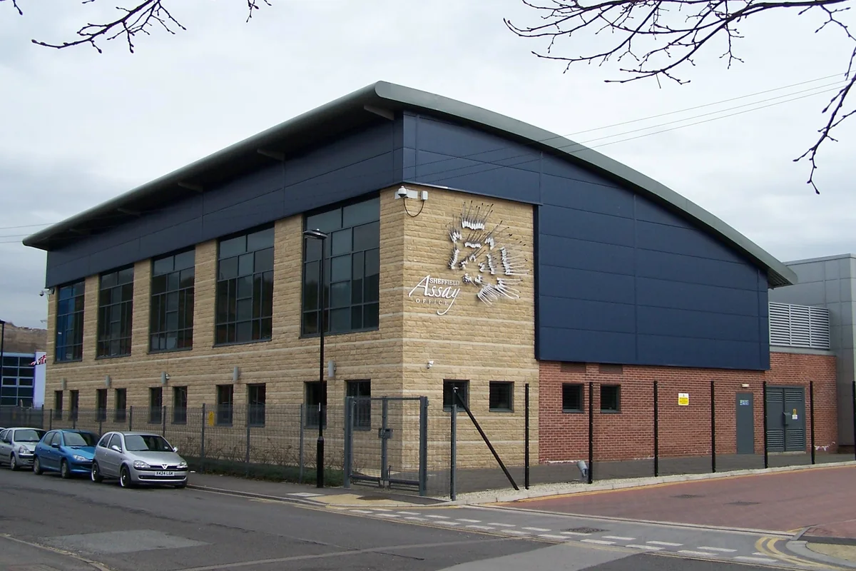 The Sheffield Assay Office building on Beulah Road, Hillsborough, with stone and blue cladding, photographed in 2010