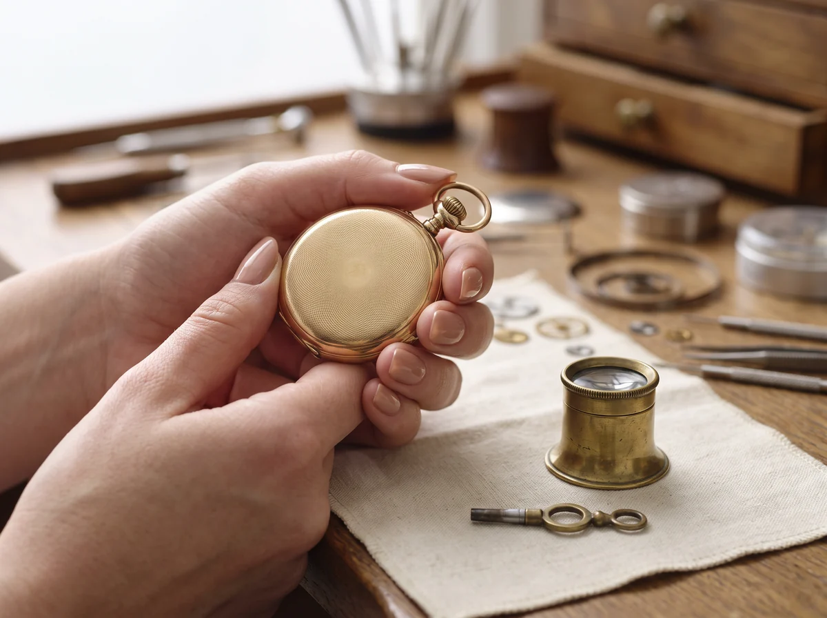 Hands holding an antique gold pocket watch by its case back on a watchmaker's bench, with a loupe and key