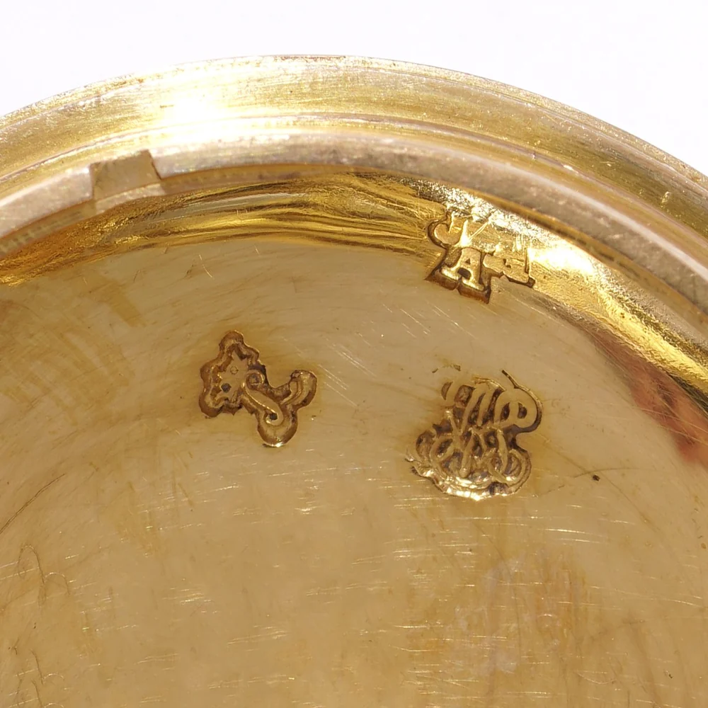 Small marks struck inside the gold case back of an 18th century French verge pocket watch