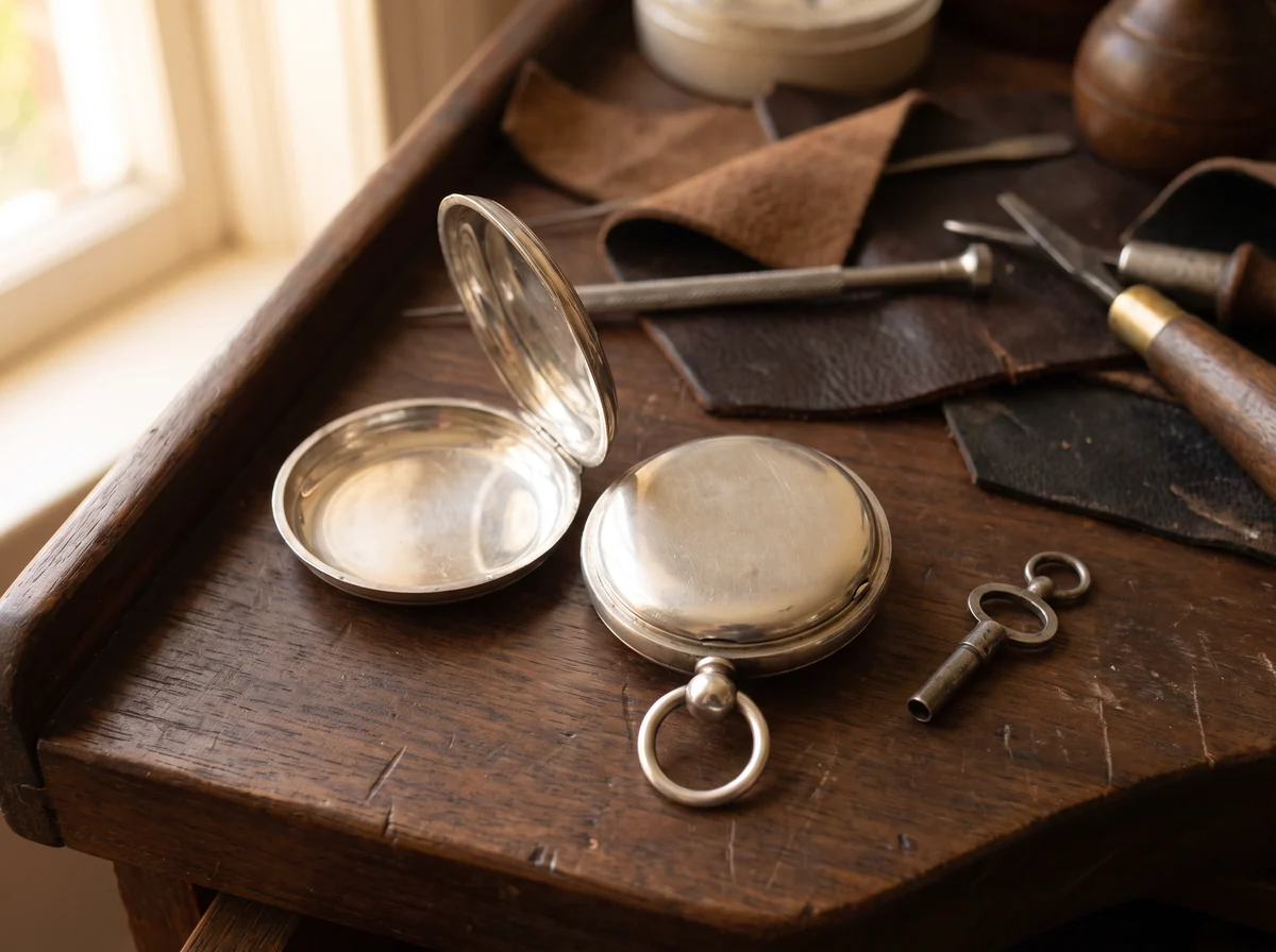 A silver pair cased pocket watch separated: the plain outer case open beside the inner case and a steel winding key