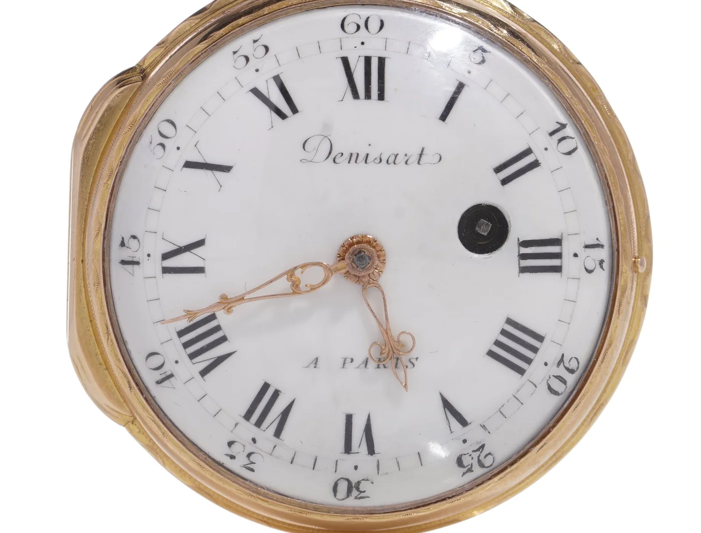 18th century French verge fusee pocket watch signed Denisart a Paris, white enamel dial with Roman hours, Arabic minutes and a key winding hole