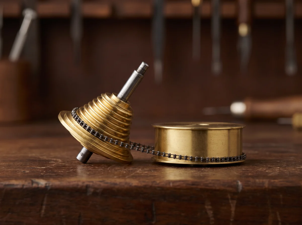 A gilt brass watch fusee cone with its fine steel chain running to the mainspring barrel