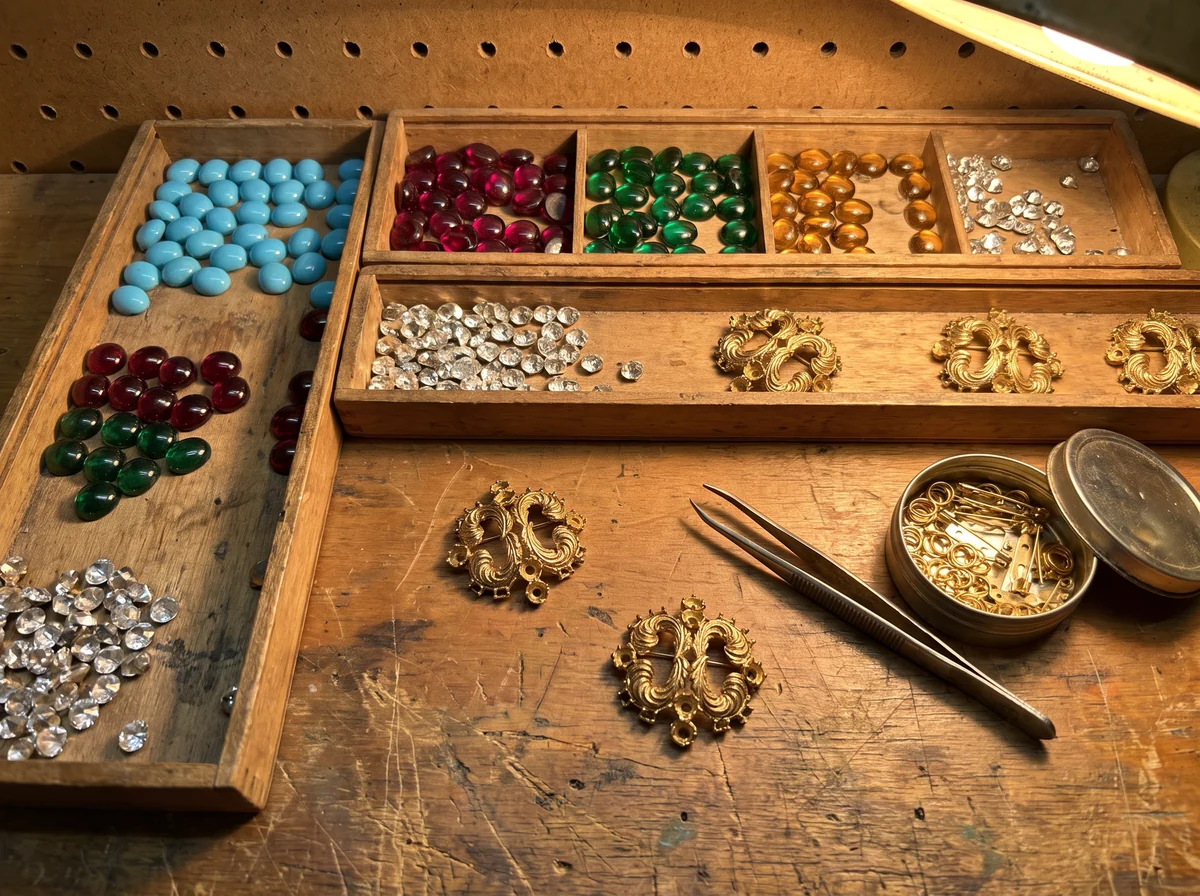 A costume jewellery workbench with trays of turquoise, red, green and amber glass cabochons, rhinestones and unset gilt brooch frames