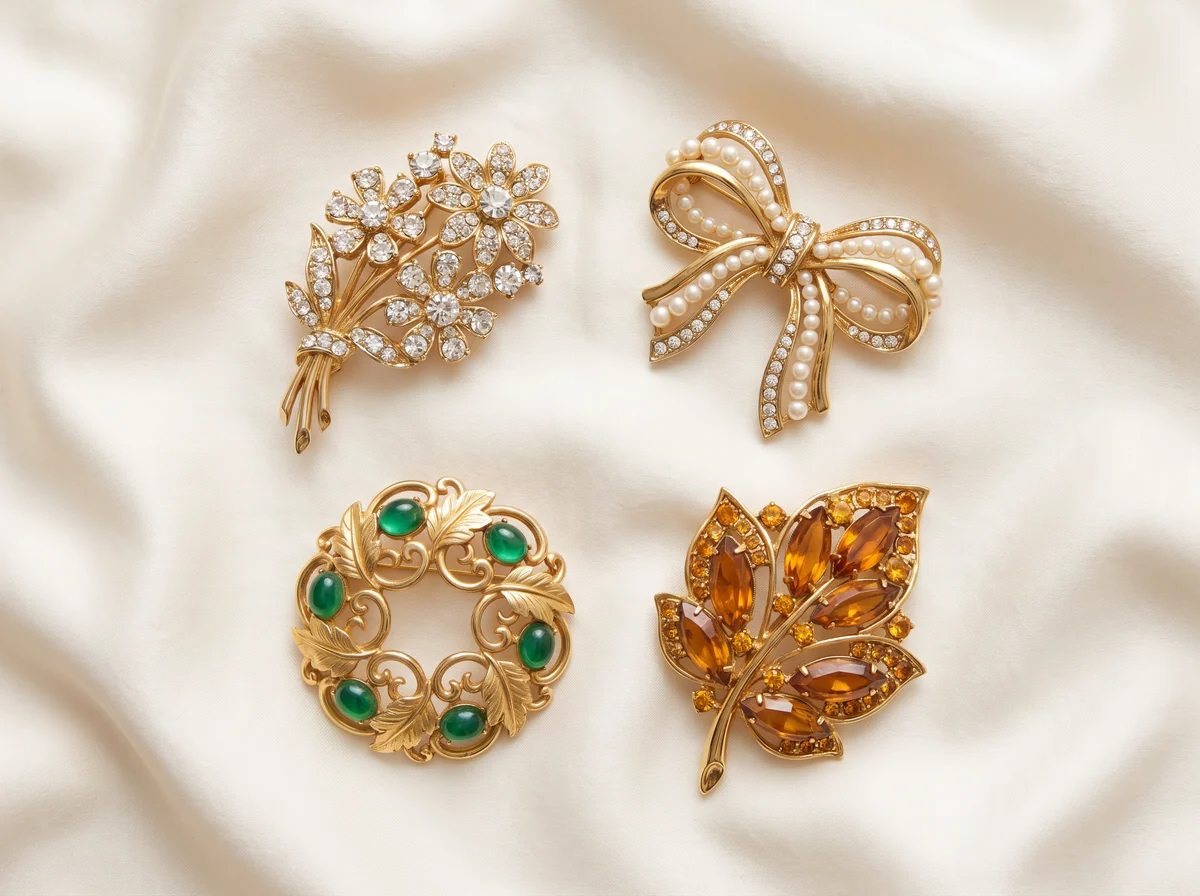 Four 1950s and 1960s style gilt costume brooches on ivory silk: a rhinestone flower spray, a pearl bow, a green glass wreath and an amber glass leaf