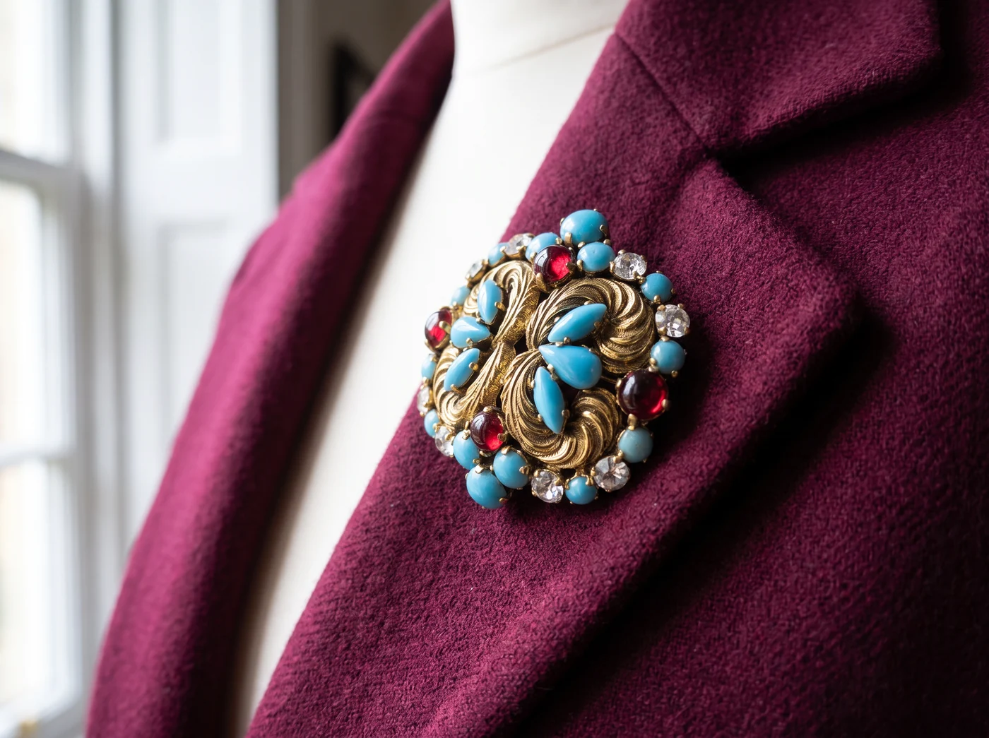 Illustration of a 1960s style gilt brooch set with turquoise blue and red glass cabochons and rhinestones, pinned to a burgundy wool jacket