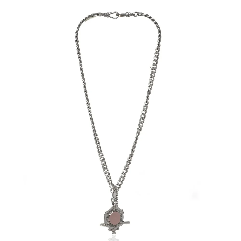 Antique silver curb link Albert watch chain with a swivel clip, T-bar and stone set fob, Birmingham 1926