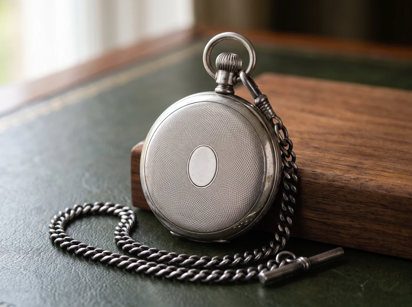 Closed antique silver full hunter pocket watch with an engine-turned lid and a silver curb Albert chain on a leather desk