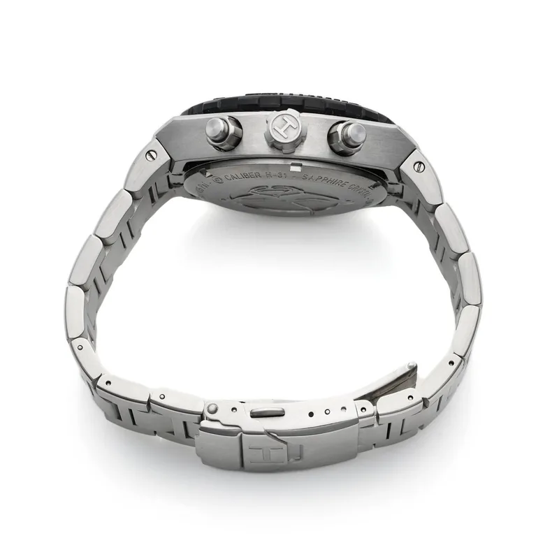 Steel bracelet and folding clasp photographed from the side, Hamilton Khaki Navy Sub chronograph