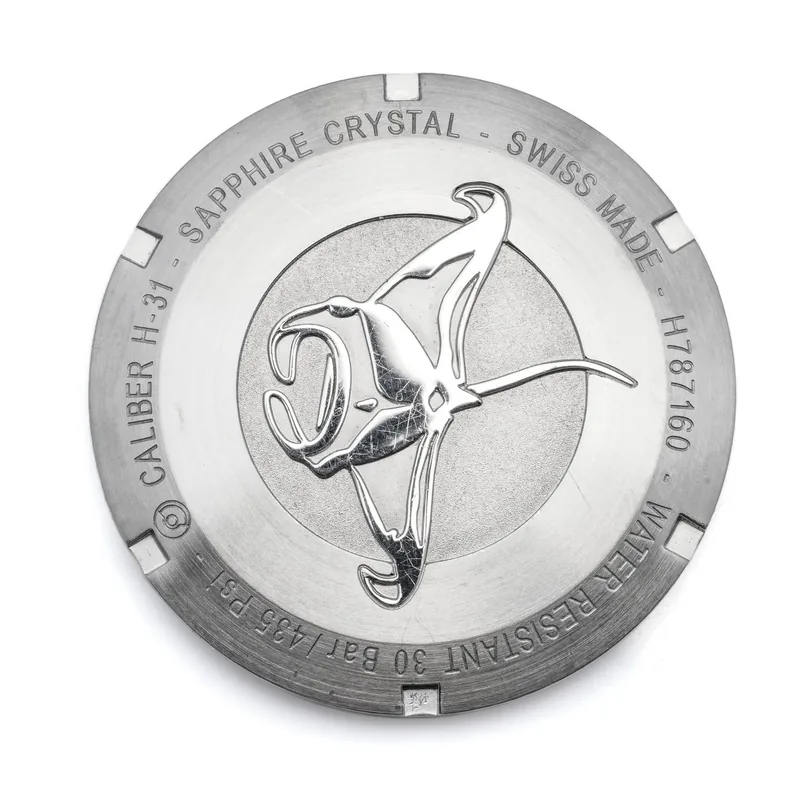 Watch caseback engraved with the reference H787160 and Caliber H-31, Hamilton Khaki Navy Sub chronograph