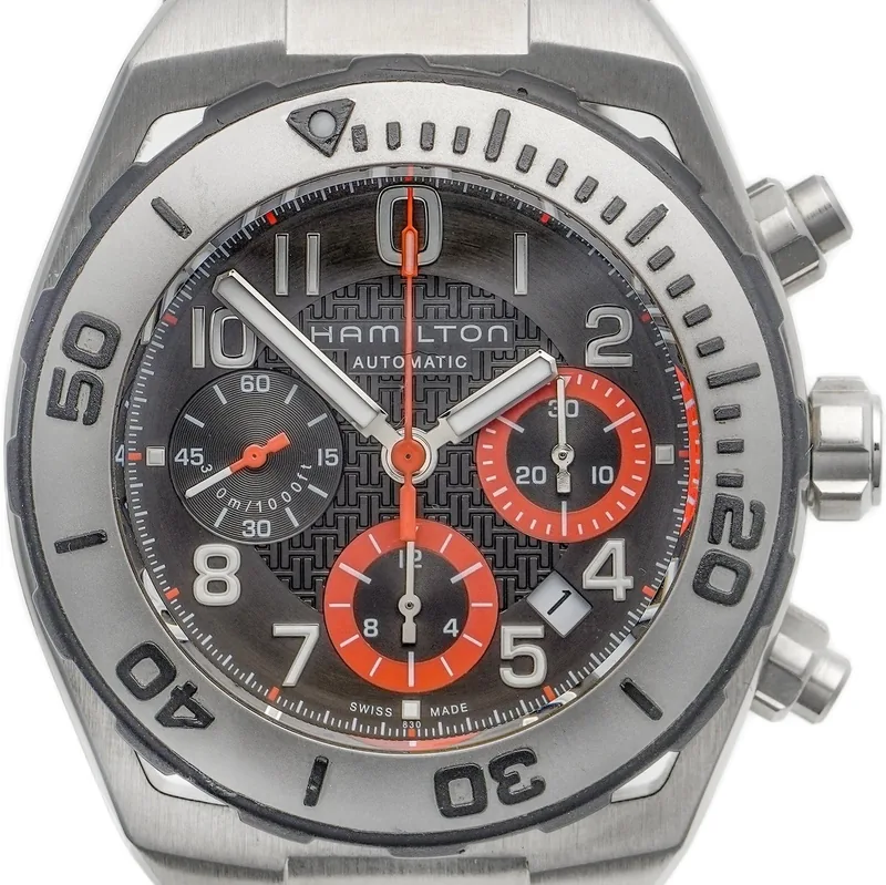 Watch dial photographed straight on in daylight, Hamilton Khaki Navy Sub chronograph from Mozeris stock