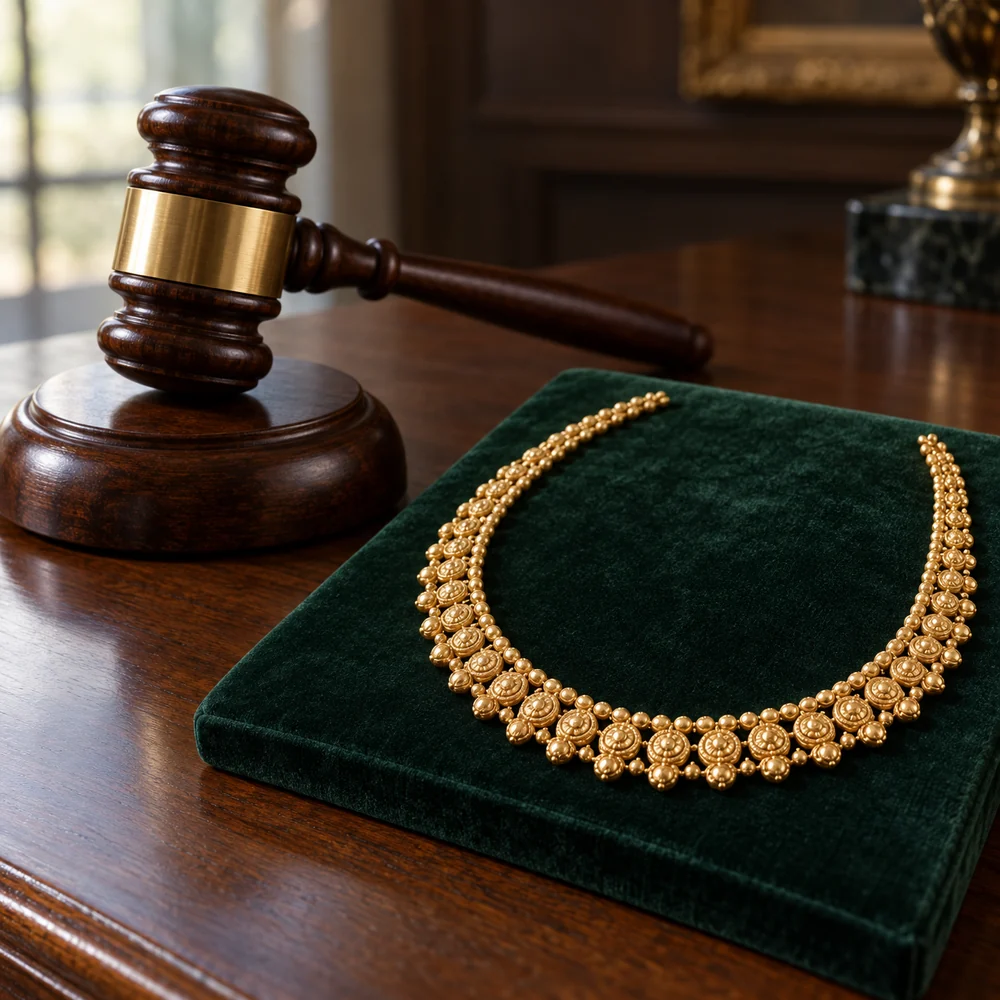 A wooden auction gavel on its block beside a gold necklace on a green velvet pad
