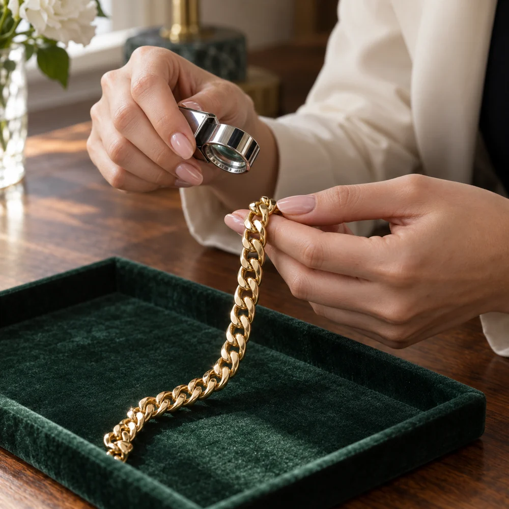 A woman's manicured hands checking a gold curb bracelet with a jeweller's loupe over a green velvet tray