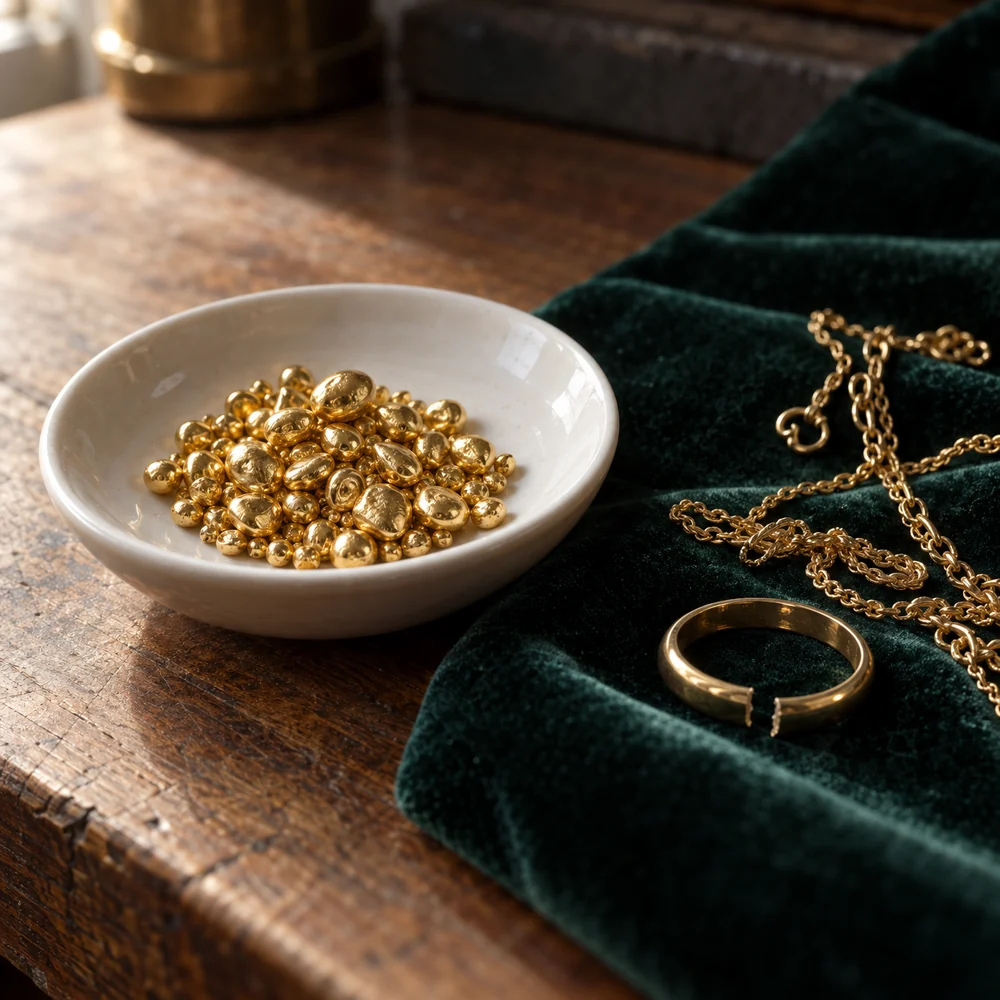 Gold casting grain in a porcelain dish beside broken gold chains and a split gold ring on green velvet