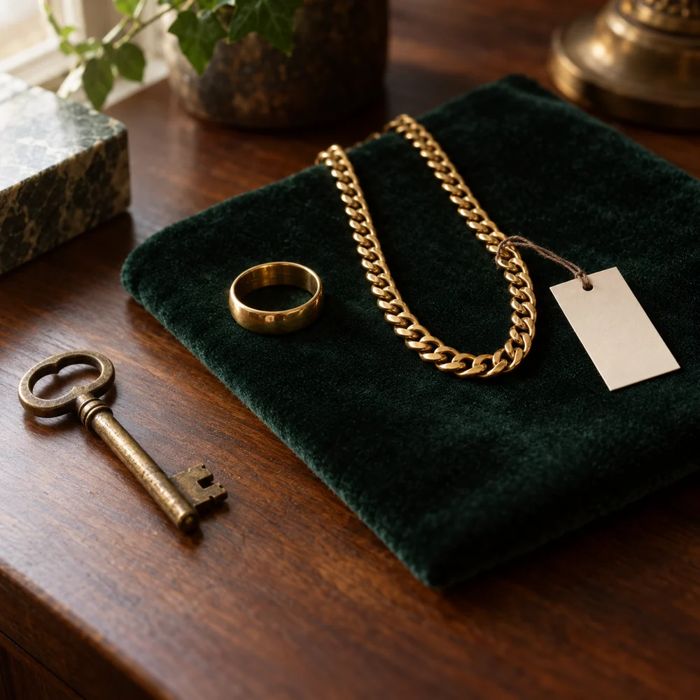 A gold curb chain with a blank card tag, a gold ring and an old brass key on green velvet