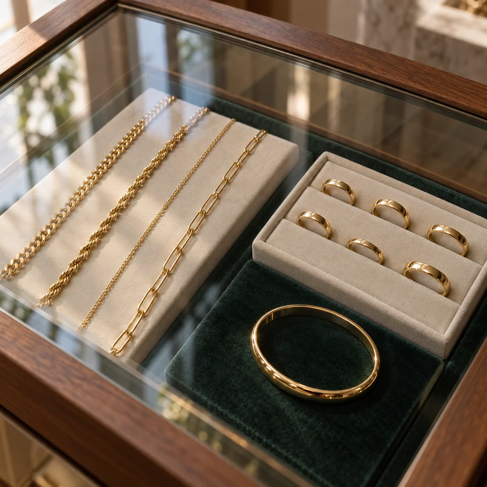 Gold chains, wedding bands and a bangle on cream and green velvet pads inside a glass-topped jeweller's counter