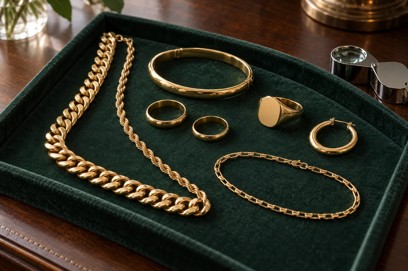 Yellow gold jewellery on a green velvet tray: curb and rope chains, a bangle, two wedding bands, a signet ring, a hoop earring and a bracelet, with a jeweller's loupe