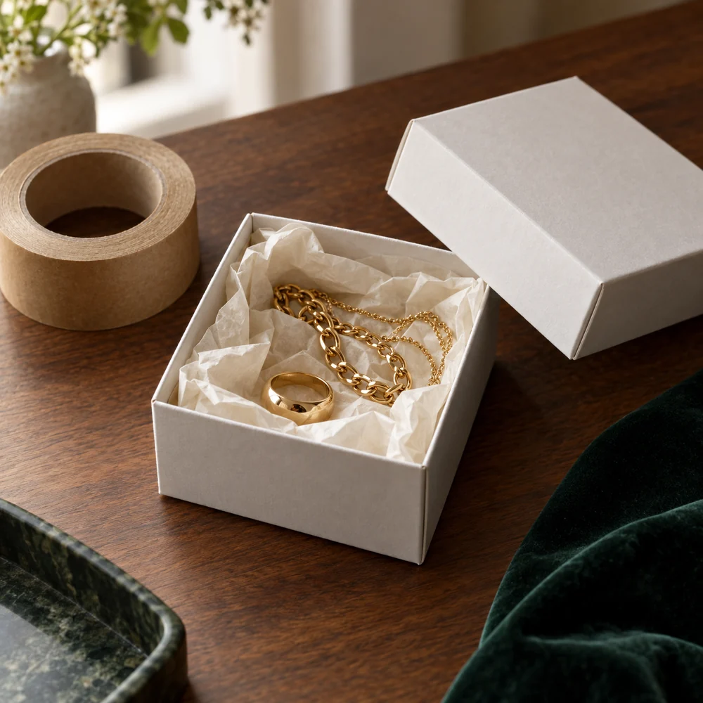 Gold chains and a ring packed in tissue paper inside a small white postal box, with a roll of paper tape