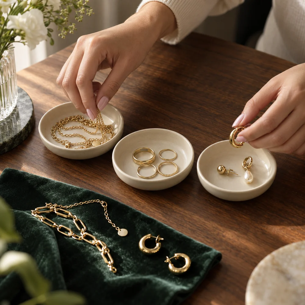 A woman's manicured hands sorting gold jewellery into three dishes: chains, rings and earrings