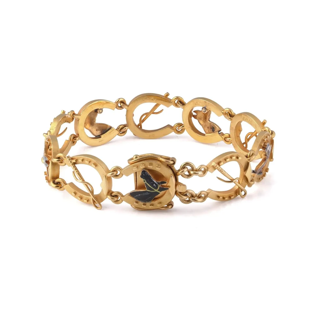 Victorian 22ct gold horseshoe and horse motif bracelet, Birmingham 1899