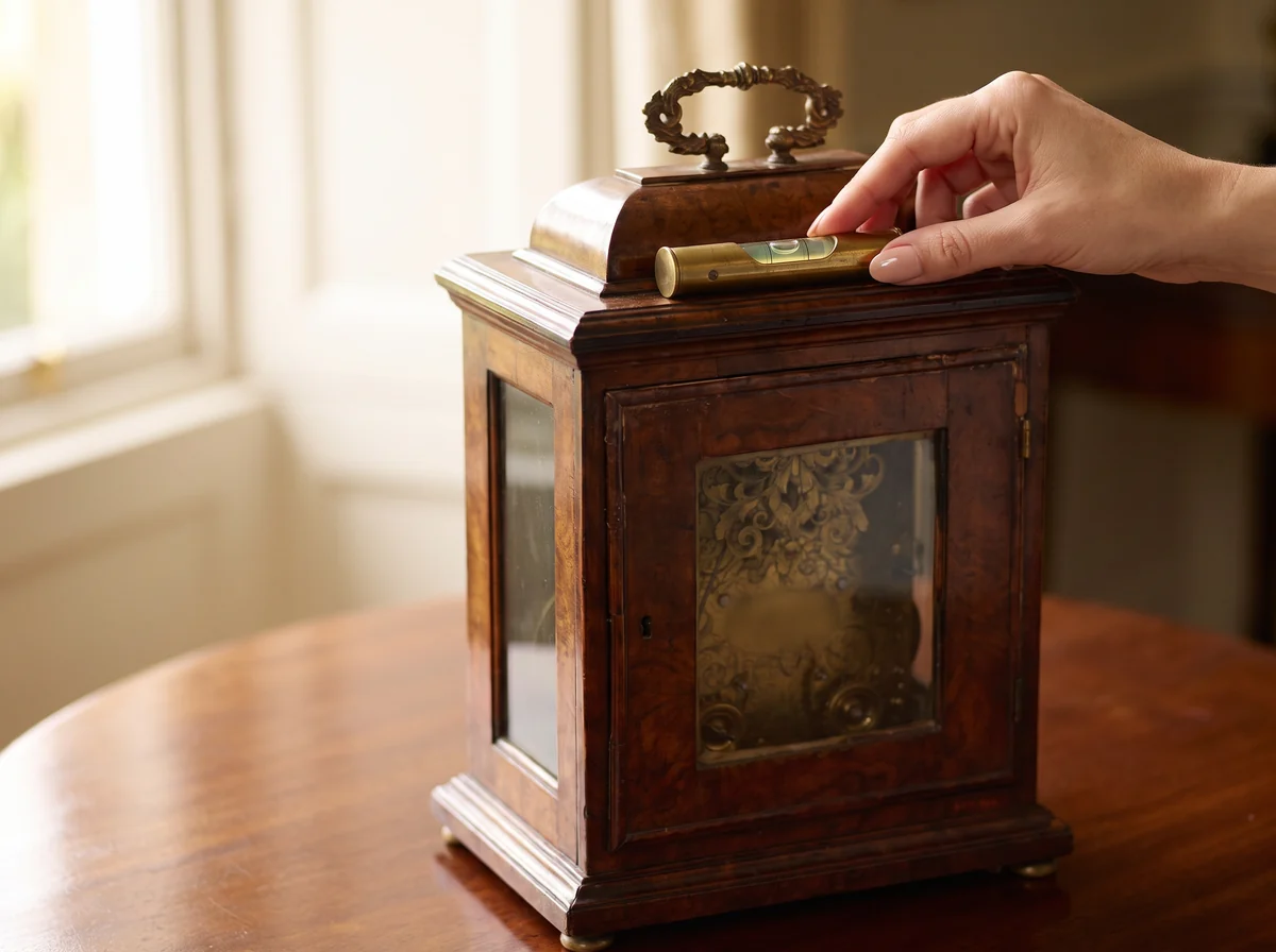 A small brass spirit level placed on top of a burr walnut bracket clock, seen from behind