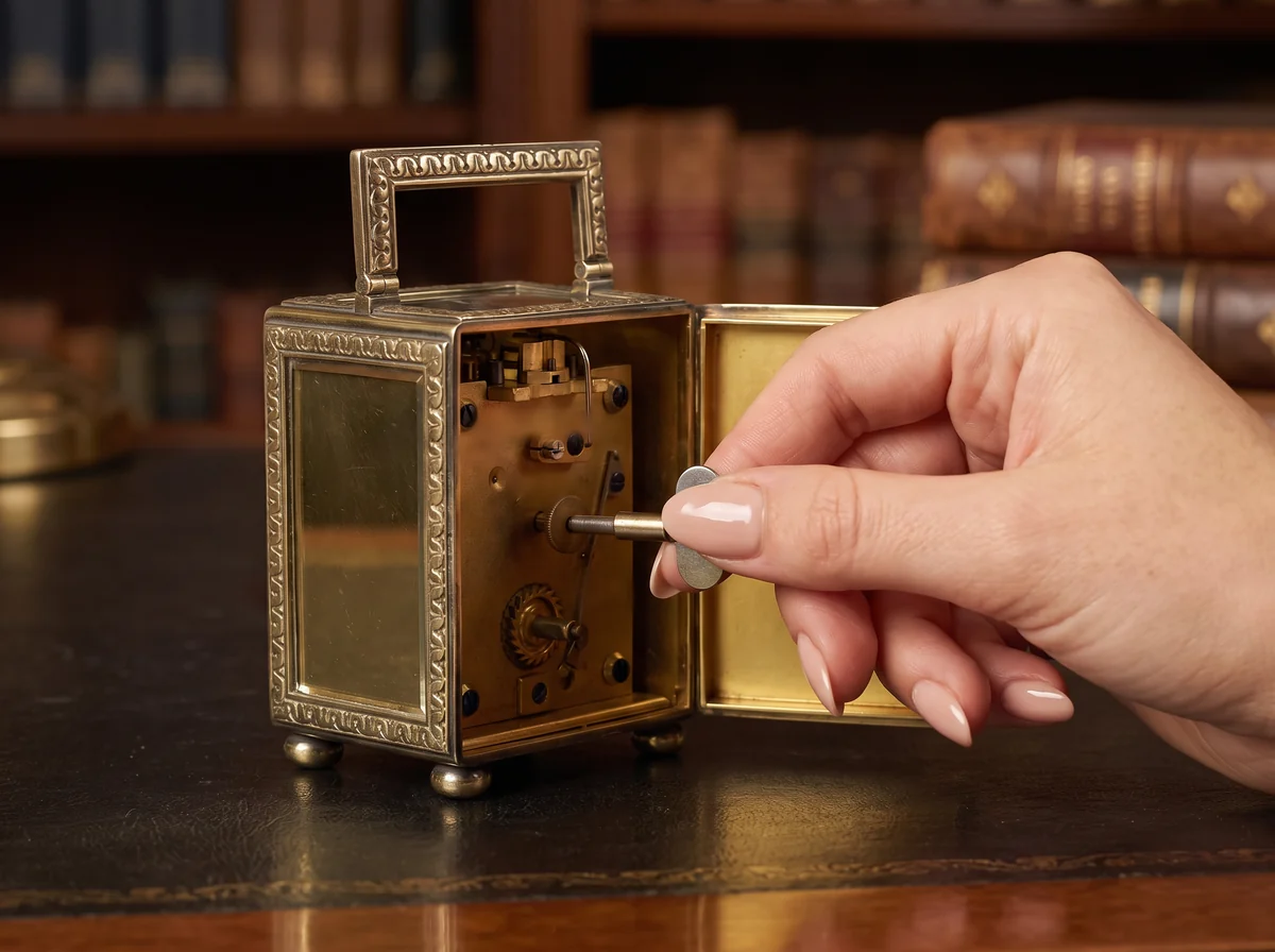 A woman's hand turning a clock key on the winding square at the back of a gilt carriage clock