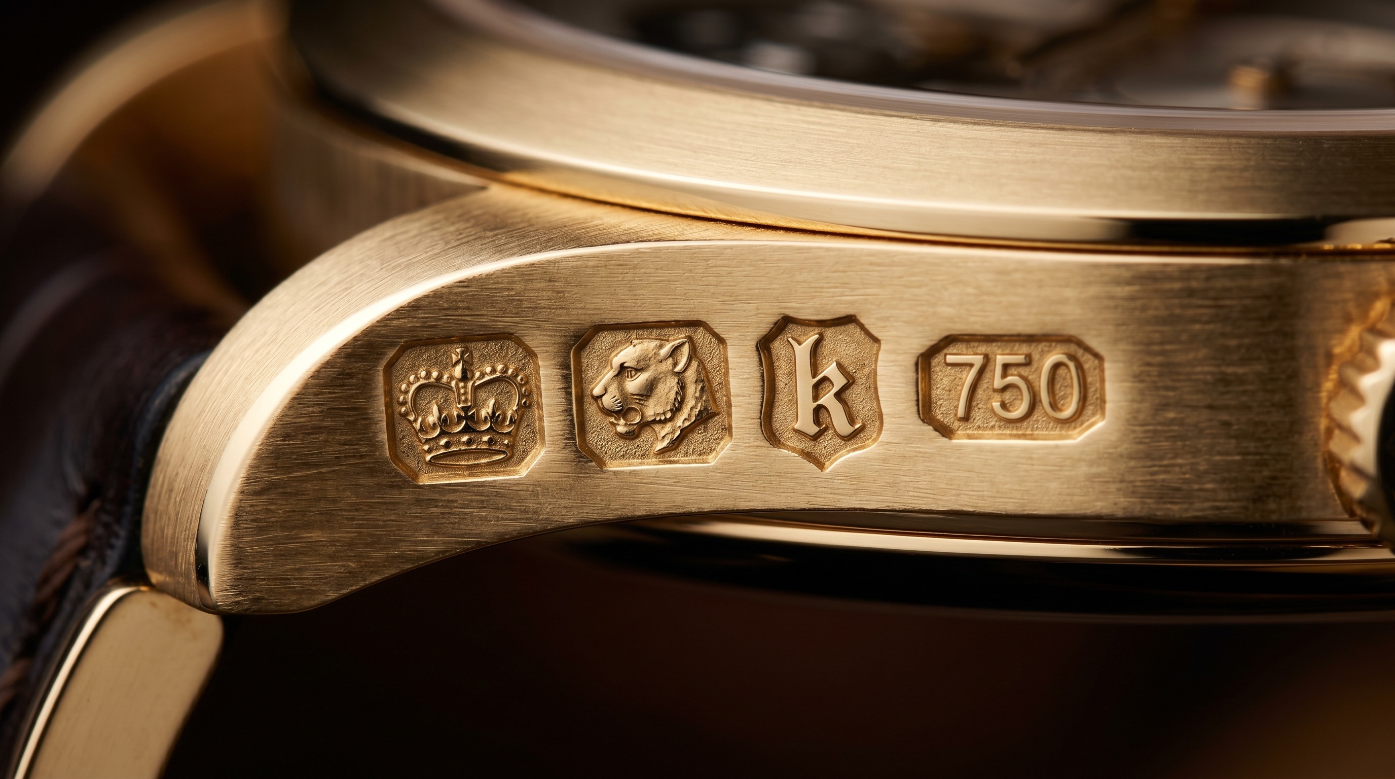 Close-up of stamped British hallmarks on gold — standard, town and date marks