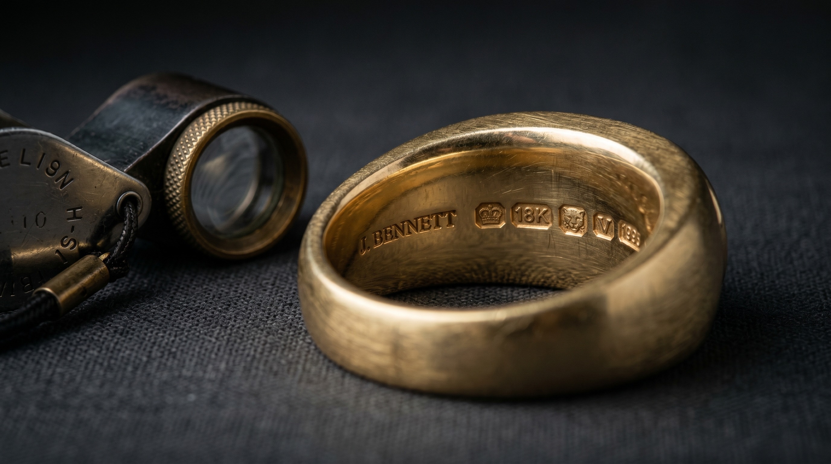 Inside of a gold ring showing hallmarks and a maker's signature with a loupe — Mozeris Fine Antiques