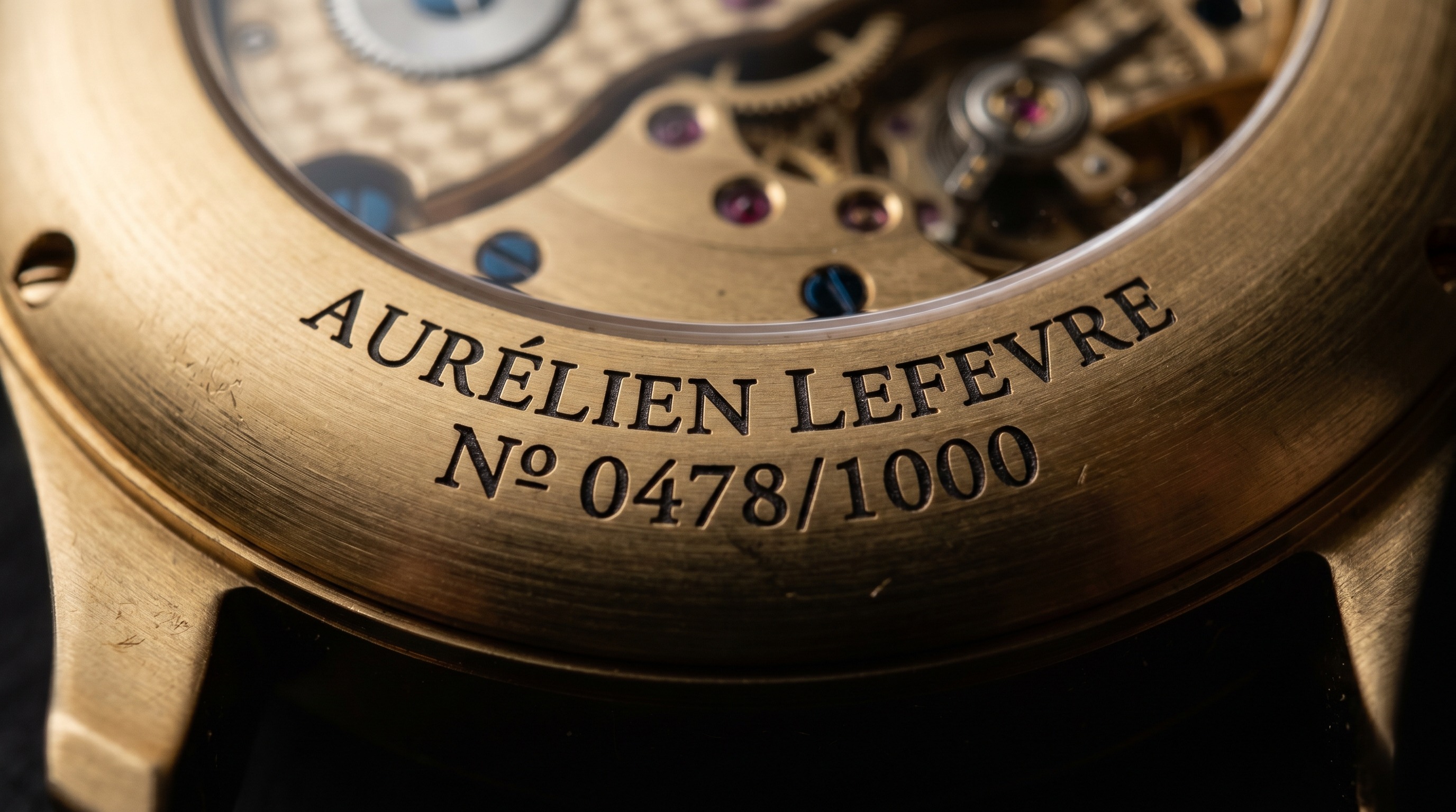 Close-up of an engraved maker's signature and serial number inside a gold piece