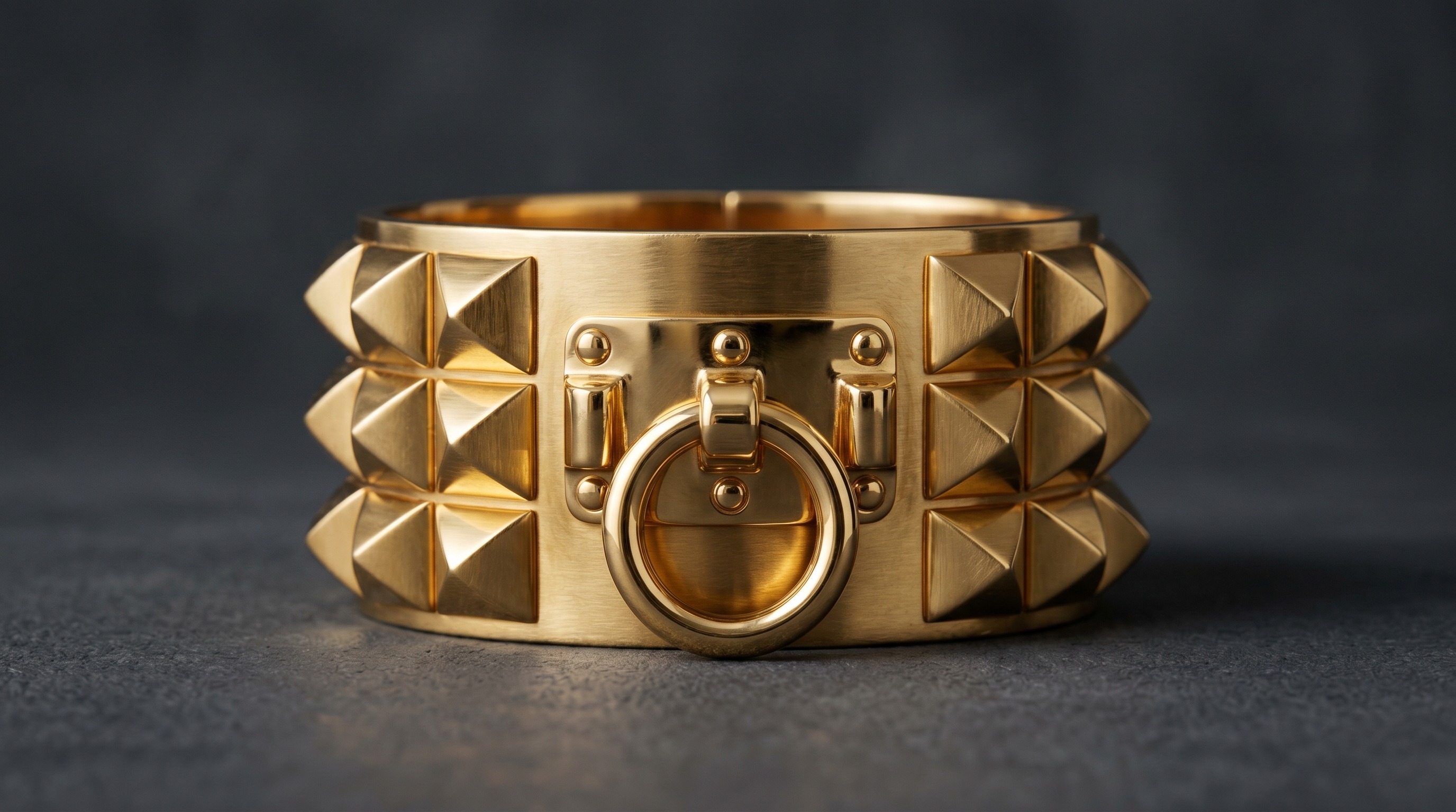 Hermès Collier de Chien-style wide gold studded cuff with central ring — Mozeris Fine Antiques