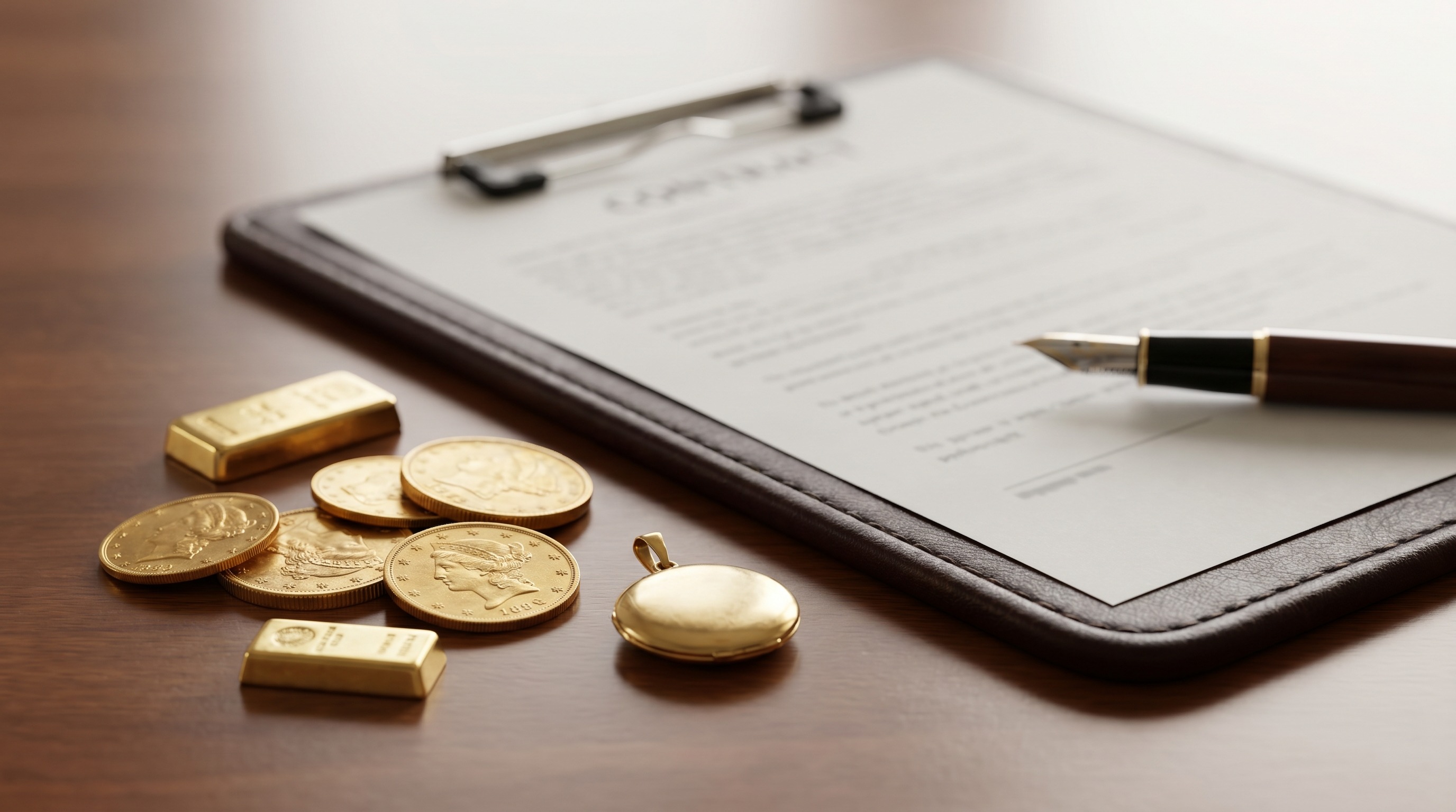Gold pieces beside a clipboard and form during a compliant gold purchase