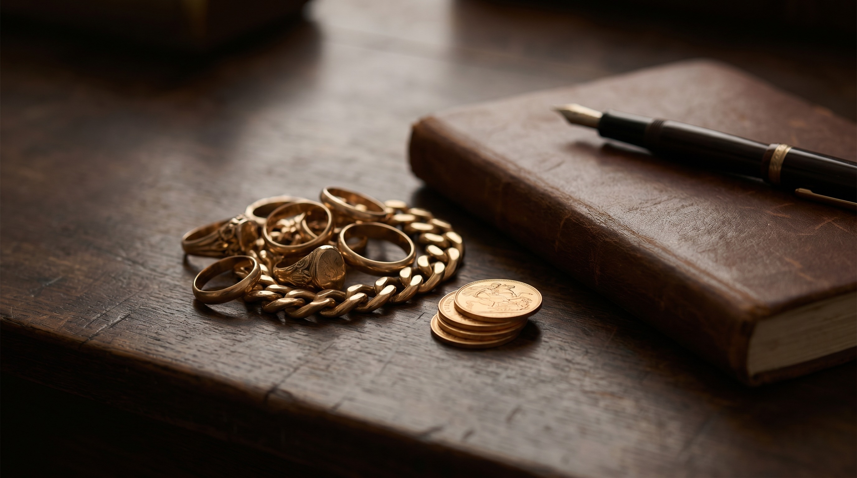 Gold jewellery and sovereigns on a buyer's desk — selling gold and ID checks UK — Mozeris Fine Antiques