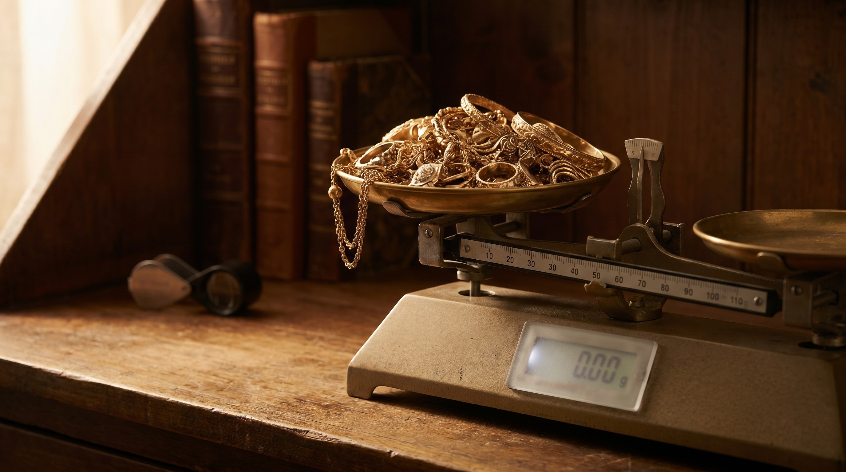 Gold jewellery weighed on a jeweller's scale during a compliant sale