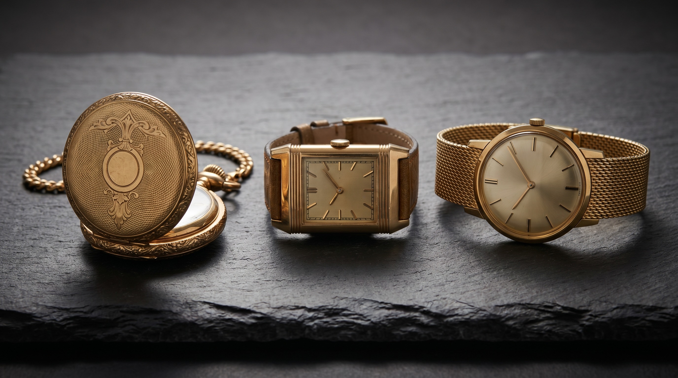 Three gold watches representing different eras: antique pocket watch, Art Deco rectangular wristwatch, mid-century round dress watch